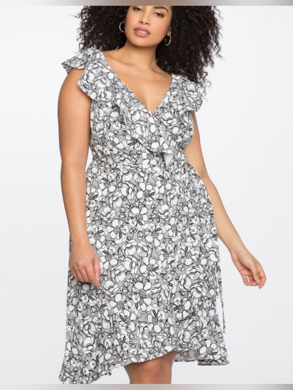 ELOQUII Plus Size 18 Floral Wrap Dress Ruffle High Low Black White